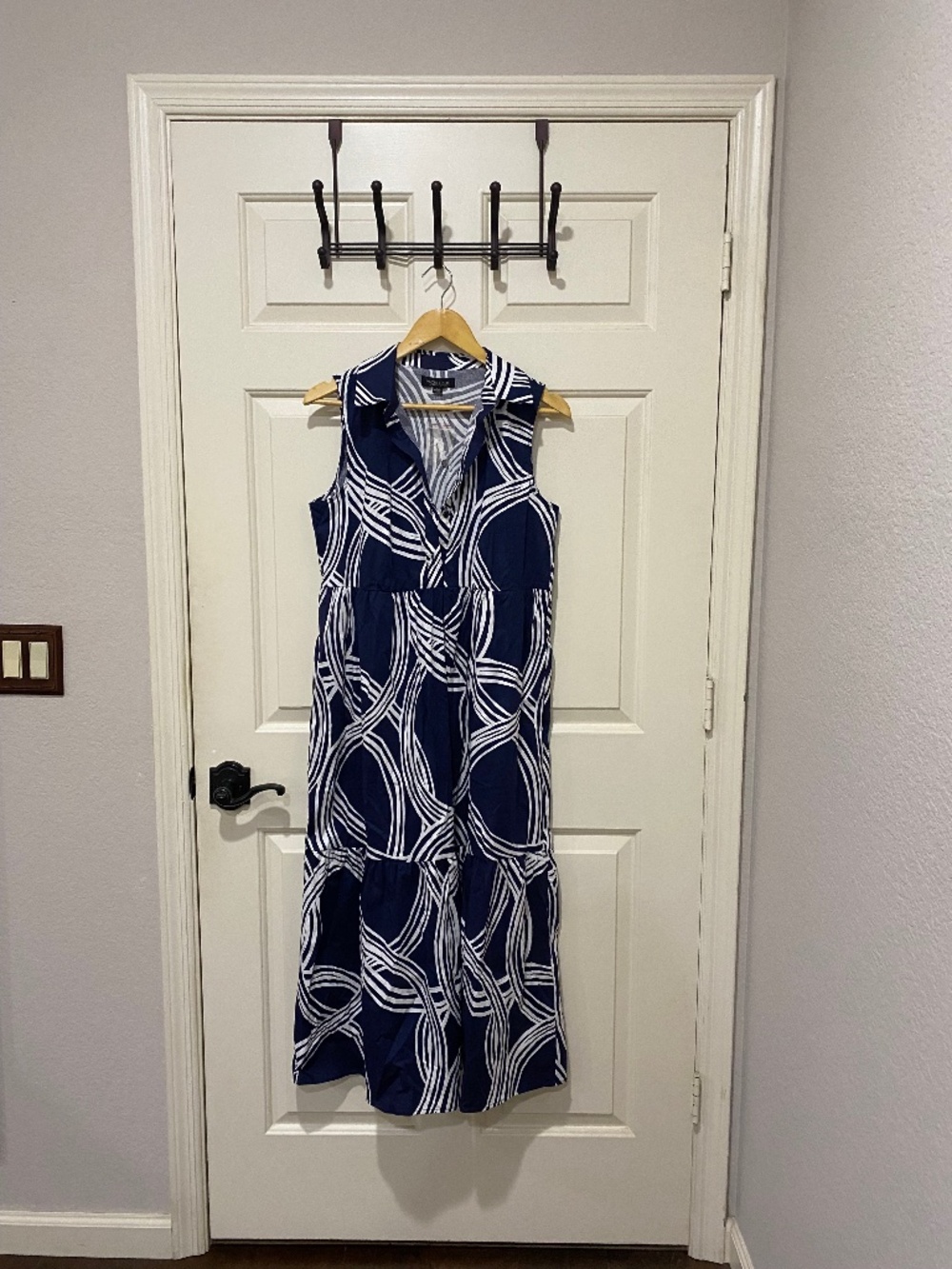 NWOT Rachel Zoe Navy White Abstract Print Tiered Midi Dress S